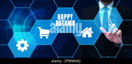 Cartello che mostra felice autunno, approccio aziendale annuale Speciale Milestone Commemoration Foto Stock
