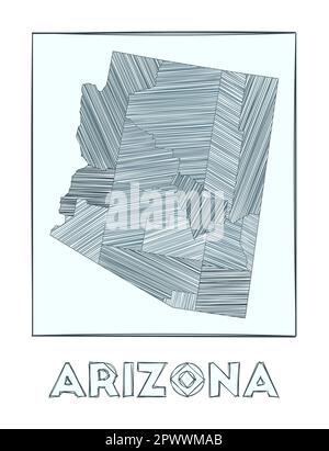 Mappa dell'Arizona. Mappa in scala di grigi disegnata a mano dello stato degli Stati Uniti. Regioni piene con strisce di acconciatura. Illustrazione vettoriale. Illustrazione Vettoriale