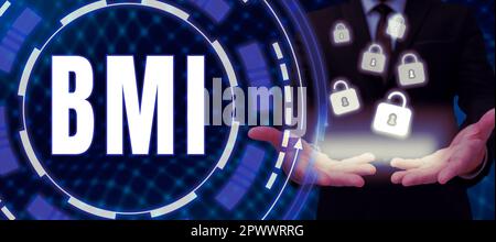 Segno che visualizza BMI, metodo di approccio di affari di stima dei livelli di grasso corporeo basati su peso e altezza Foto Stock