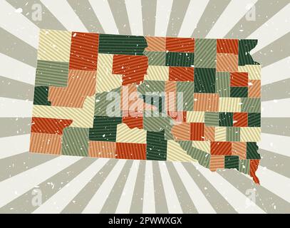 Mappa d'epoca del South Dakota. Poster grunge con mappa dello stato degli Stati Uniti in una tavolozza di colori retrò. Forma del South Dakota con sfondo a raggi di sole. Vettore i Illustrazione Vettoriale