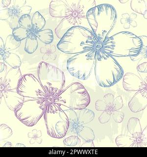 Motivo senza cuciture con fiori di ciliegio. Illustrazione vettoriale vintage disegnata a mano in stile schizzo. Fiore rosa ciliegia stampa tessile, albero primaverile blos Illustrazione Vettoriale