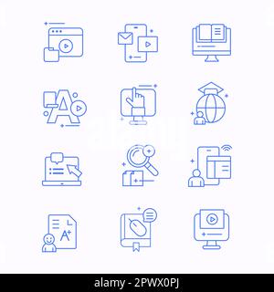 Icone flat line per l'e-learning Education. Set di tappi di graduazione, formazione, desktop, notebook, apprendimento online, notebook per webinar, informazioni sulla ricerca, social media e altro ancora. Tratti modificabili. Illustrazione vettoriale Illustrazione Vettoriale