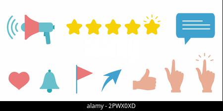 Icone di notifica e reazione sui social media. Etichetta vettoriale del feedback del cliente. Illustrazione Vettoriale
