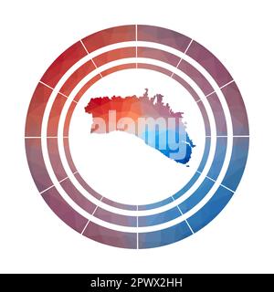 Badge Minorca. Logo a gradiente luminoso dell'isola in basso stile poly. Segno multicolore di Minorca arrotondato con mappa in stile geometrico per le tue infografiche. Illustrazione Vettoriale