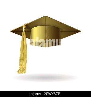 cappello da laurea in oro con nappina in oro su fondo bianco Illustrazione Vettoriale