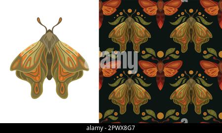 Set vettoriale di mistico modello senza giunture e carta con falene, foglie e lune. Collezione di illustrazione e texture con farfalle. Illustrazione Vettoriale
