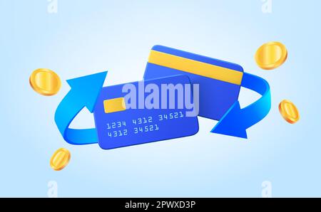Carta di credito cash back con icona cashback e monete volanti su sfondo blu. Carta di credito o di debito rimborso denaro, pagamento online, risparmio di denaro, trasferimento di denaro, monete. illustrazione vettoriale 3d. Illustrazione vettoriale Illustrazione Vettoriale