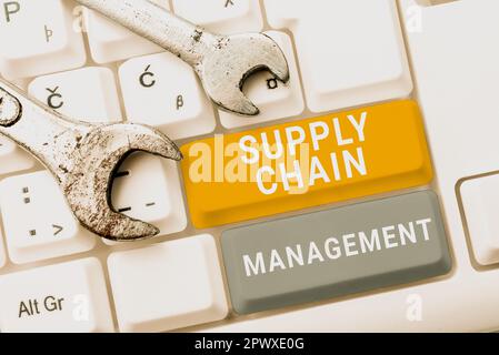 Scrittura visualizzando il testo Supply Chain Management, Business idea aspetti dei moderni processi logistici aziendali intelligenti Foto Stock