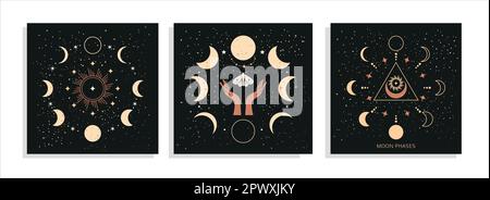 Banner Set fasi lunari mistiche e mani e falce femminili, alchimia esoterica spazio magico, ruota sacra dell'anno, vettore isolato su sfondo nero Illustrazione Vettoriale