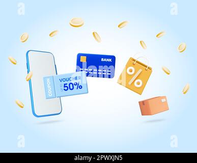Trasferimento di denaro da telefono cellulare 3D, voucher, coupon, carta di credito, shopping bag, da carrello a scatola di cartone di carta. Monete d'oro in calo. Concetto denaro online. Concetto di risparmio economico. illustrazione 3d. Illustrazione vettoriale Illustrazione Vettoriale