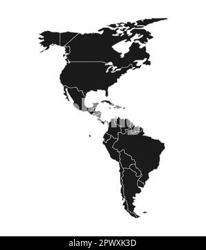 Mappa del Nord e del Sud America in nero. Mappa delle Americhe con confini di paese su sfondo bianco. Vettore Illustrazione Vettoriale