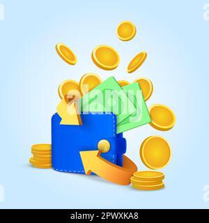 Concetto di icona rimborso e rimborso denaro. Portafoglio, conto del dollaro e pila di monete, pagamento online su sfondo rosa. fattura del dollaro e pila di moneta, pagamento in linea e concetto di risparmio dei soldi. illustrazione 3d. Illustrazione vettoriale Illustrazione Vettoriale