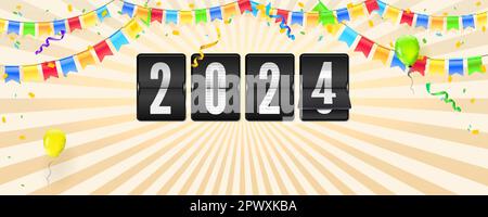 Felice anno nuovo 2024. Banner con calendario flip. Sfondo vintage. Illustrazione Vettoriale