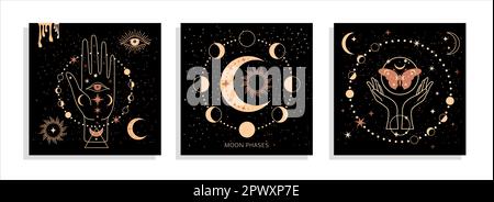 Banner Set fasi lunari mistiche e mani e falce femminili, alchimia esoterica spazio magico, ruota sacra dell'anno, vettore isolato su sfondo nero Illustrazione Vettoriale