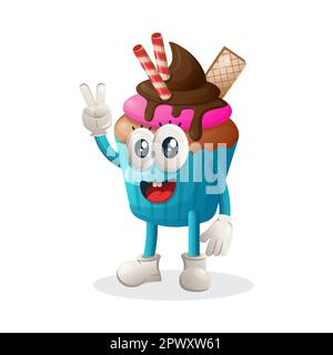 Mascotte di cupcake carino con la mano di pace. Perfetto per negozi di alimentari, piccole imprese o e-commerce, merchandise adesivi, promozione banner, blog di revisione alimentare Illustrazione Vettoriale