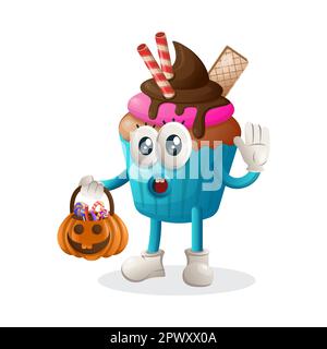 Cute cupcake mascotte che tiene zucca di Halloween con caramella su esso. Perfetto per negozi di alimentari, piccole aziende o e-commerce, merchandising e adesivi, banner Illustrazione Vettoriale