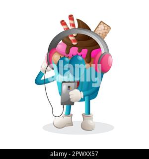 Una mascotte di cupcake che ascolta la musica su uno smartphone utilizzando una cuffia. Perfetto per negozi di alimentari, piccole aziende o e-commerce, merchandising e adesivi Illustrazione Vettoriale