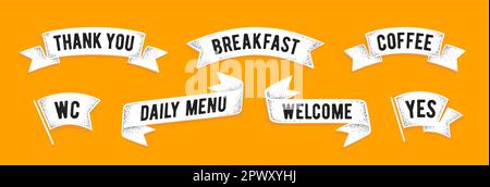 Set di grafica vintage per banner a nastro. Set di banner vintage, nastro, testo Benvenuto, Ciao, grazie, Elementi grafici della vecchia scuola, pizza, ristorante. Design dell'elemento di incisione del nastro. Illustrazione vettoriale Illustrazione Vettoriale