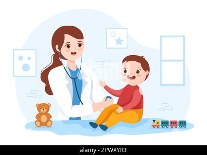 Pediatra esamina i bambini malati e il bambino per lo sviluppo medico, la vaccinazione e il trattamento in Cartoon piano modelli disegnati a mano Illustrazione Foto Stock