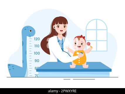 Pediatra esamina i bambini malati e il bambino per lo sviluppo medico, la vaccinazione e il trattamento in Cartoon piano modelli disegnati a mano Illustrazione Foto Stock