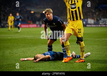 BOCHUM, GERMANIA - 28 APRILE 2023: La partita di calcio della Bundesliga VfL Bochum 1848 contro Borussia Dortmund a Vonovia Ruhr Stadion Foto Stock