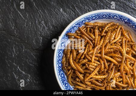 Farina di verme con peperoncino. Vermi salati fritti. Worm al forno. Alimentazione sana. Foto Stock