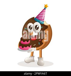 Mascotte di ciambella carina che indossa un cappello di compleanno, che tiene la torta di compleanno. Perfetto per negozi di alimentari, piccole aziende o e-commerce, merchandising e adesivi, banner Illustrazione Vettoriale
