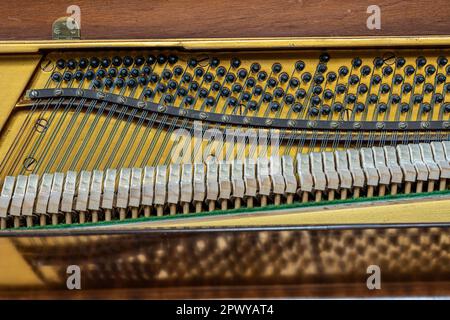 una macro vista ravvicinata di una sezione di martelli su un piano verticale Foto Stock