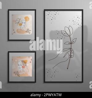 Fotogrammi realistici. 3D poster con effetto di sovrapposizione in ombra floreale. Quadri appesi alla parete. Ombra della pianta. Ritratti di donne. Linea arte fiore in ha femmina Illustrazione Vettoriale