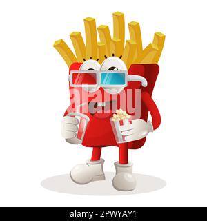 Simpatica mascotte di patatine fritte guardando film con soda e popcorn. Perfetto per negozi di alimentari, piccole aziende o e-commerce, merchandising e adesivi, Illustrazione Vettoriale