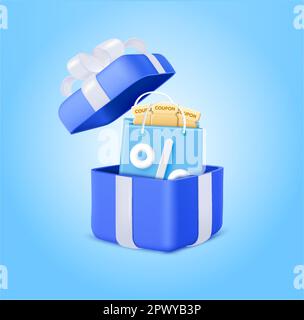la confezione regalo sta per essere aperta con carrello e voucher, coupon, regali per vendite e promozioni. Super sale con scatole regalo aperte. illustrazione vettoriale 3d. Illustrazione vettoriale Illustrazione Vettoriale