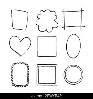Collezione di cornici disegnate a mano. Bordi grunge isolati su sfondo bianco. Illustrazione vettoriale. Illustrazione Vettoriale