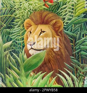 Acquerello su tela. Illustrazione botanica stampabile, motivo in tessuto, per l'uso nella grafica. Il Leone nell'illustrazione. Foto Stock