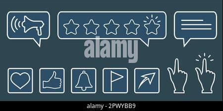 Etichetta vettoriale del feedback del cliente. Icone di notifica e reazione sui social media. Illustrazione Vettoriale