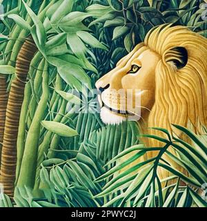 Acquerello su tela. Illustrazione botanica stampabile, motivo in tessuto, per l'uso nella grafica. Il Leone nell'illustrazione. Foto Stock