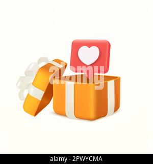 Confezione regalo aperta con calore all'interno. Sorprendi giftbox con Appreciate. Concetto di amore, seguire, iscriversi nei social media. Concetto di amore, seguire, iscriversi nei social media. illustrazione vettoriale 3d. Illustrazione vettoriale Illustrazione Vettoriale
