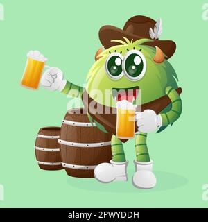 Un simpatico mostro verde festeggia l'oktoberfest con una birra in mano. Perfetto per bambini, piccole aziende o e-commerce, merchandising e adesivi, promozione banner, Illustrazione Vettoriale