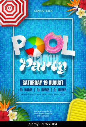 Sfondo estivo con coloratissimi gonfiabili in piscina. Poster estivo con anelli galleggianti per il nuoto, gommoni da piscina e palline da spiaggia Illustrazione Vettoriale