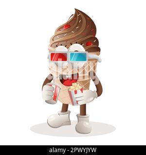 Simpatico gelato mascotte guardare film con soda e pop corn. Perfetto per negozi di alimentari, piccole aziende o e-commerce, articoli di merchandising e adesivi, divieto Illustrazione Vettoriale