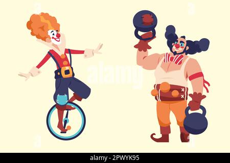 I clown dei cartoni animati. Comico di jokers e jesters con volti divertenti su monociclo e kettlebells. Simpatici artisti del circo che eseguono il trucco. Animazione per bambini Illustrazione Vettoriale