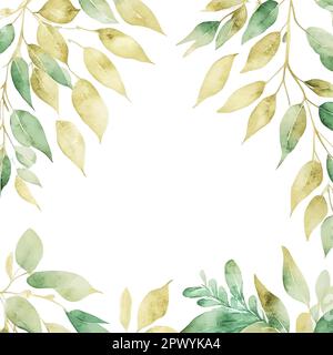 Modello di cornice floreale acquerello con spazio di copia. Striscione quadrato con foglie verdi botaniche. Illustrazione vettoriale disegnata a mano Illustrazione Vettoriale