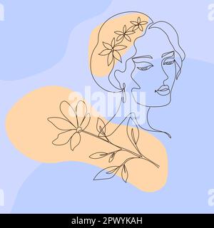 Linea faccia art. Ritratto di donna disegnato a mano con foglie e fiori. Ragazza astratta con decorazione floreale in capelli. Schizzo contemporaneo per stampe, outlin Illustrazione Vettoriale