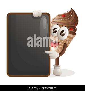 Simpatico gelato mascotte con menu Black Board, menu board, cartello. Perfetto per negozi di alimentari, piccole aziende o e-commerce, merchandising e adesivi, Illustrazione Vettoriale