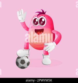 Carino rosa mostro giocare a calcio, palla di calcio. Ideale per bambini, piccole aziende o e-commerce, merchandising e adesivi, promozione banner, blog o vlog Illustrazione Vettoriale