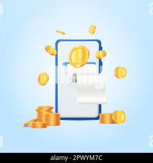 Concetto di pagamento della ricevuta della fattura finanziaria della transazione. Fattura digitale e assegno di pagamento. Molte monete d'oro stanno volando. Pagamento digitale e cashback online. Illustrazione vettoriale. Illustrazione vettoriale Illustrazione Vettoriale