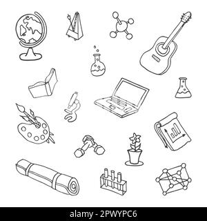 illustrazione vettoriale. Set di oggetti di attività: Chitarra, manubri, materassino yoga, metronomo, taccuino, microscopio, globo, pennello, molecola, laptop. Disegnato a mano Illustrazione Vettoriale