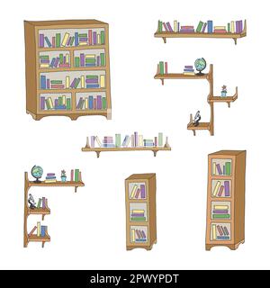 Illustrazione vettoriale. Set di librerie e scaffali con libri e altri oggetti. Set disegnato a mano Illustrazione Vettoriale