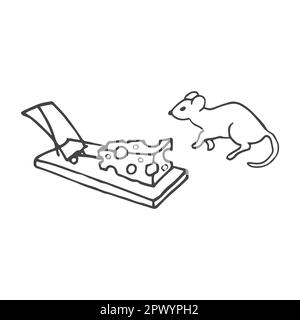 illustrazione vettoriale di un mouse cartoon vicino a una mousetrap con formaggio. Illustrazione in bianco e nero Illustrazione Vettoriale