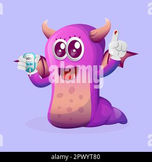 Mostro viola carino che tiene un misuratore di glucosio di anima. Perfetto per bambini, piccole imprese o e-commerce, merchandise adesivi, promozione banner, blog o. Illustrazione Vettoriale