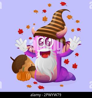 Un simpatico mostro viola festeggia l'autunno. Ideale per bambini, piccole aziende o e-commerce, merchandising e adesivi, promozione banner, blog o canale vlog Illustrazione Vettoriale